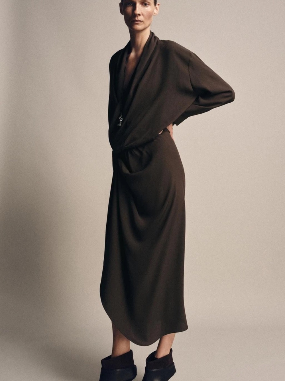Zara Gathered Waist Long Dress - Dark Brown Pleated - Draped NWT Sz S